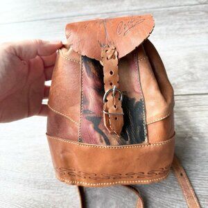 Cognac Tooled Brown Leather Backpack Brown Leather